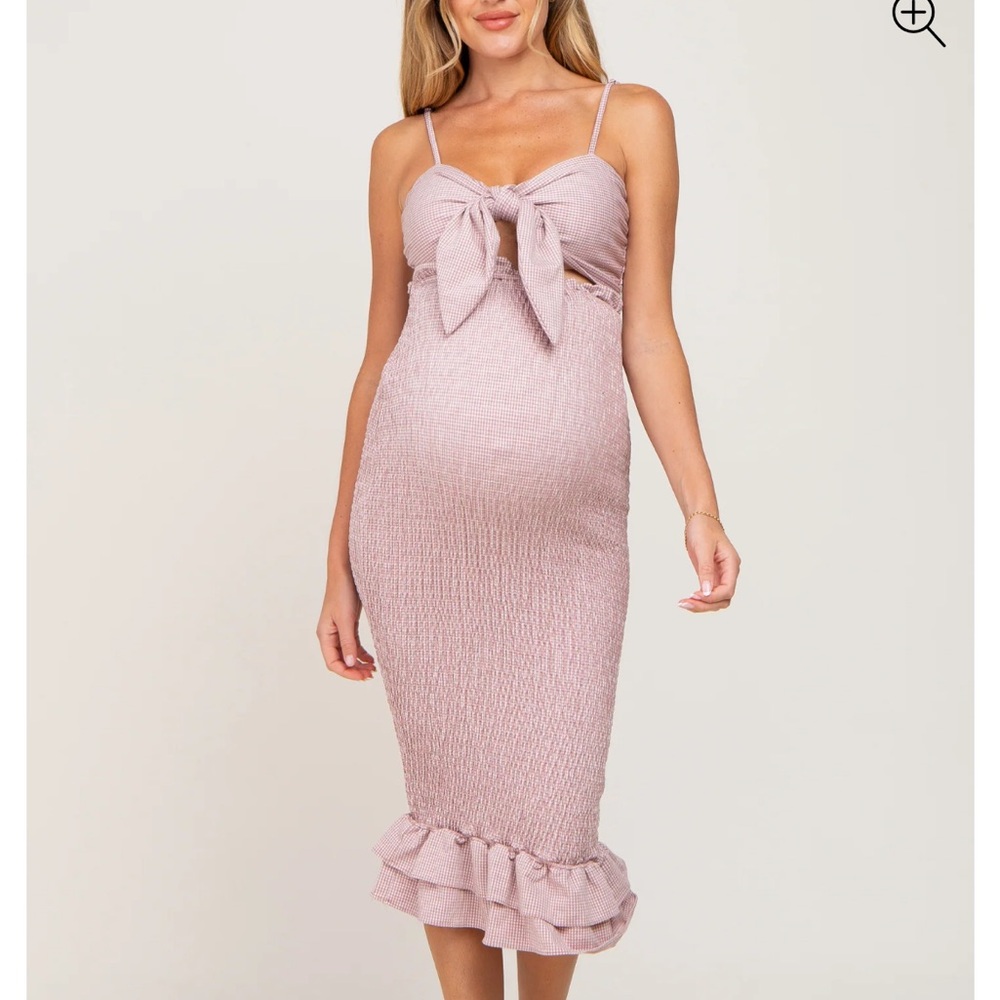 Pink Blush Mauve Gingham Print Smocked Fitted Self-Tie Maternity Midi Dress